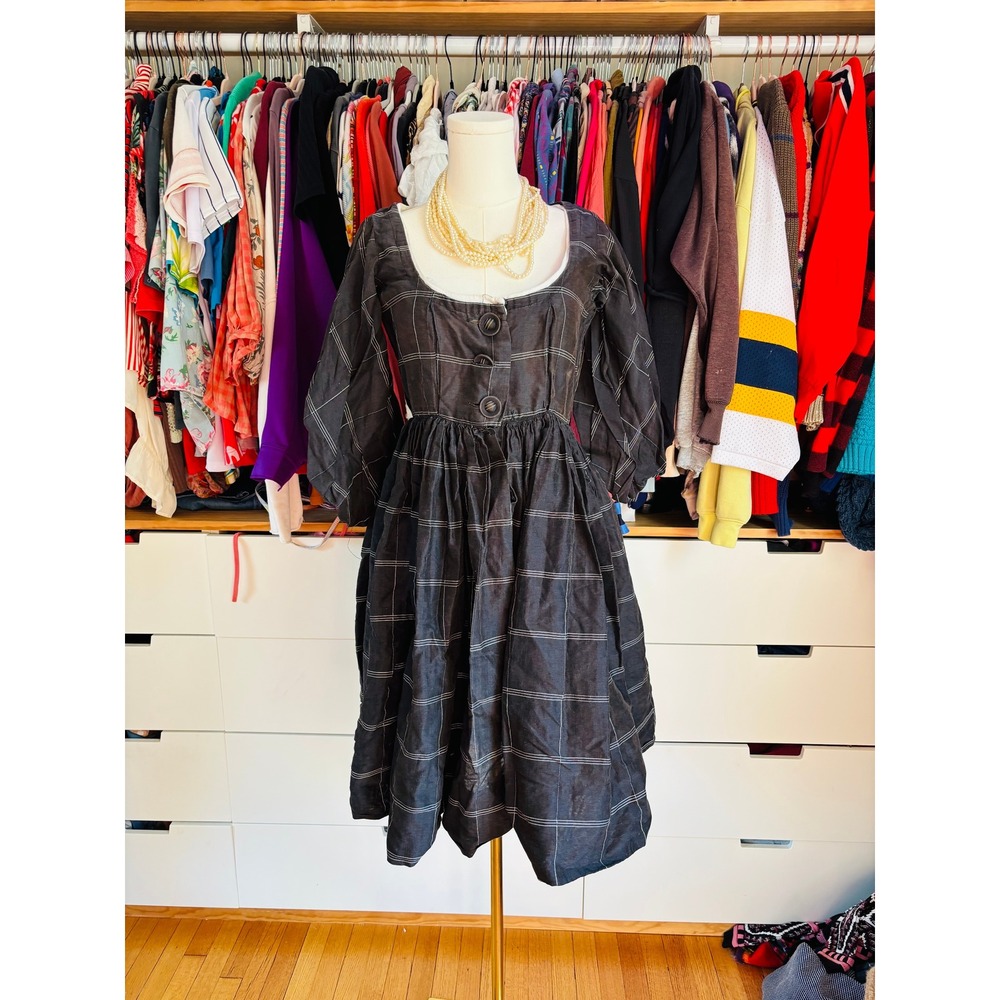 Vtg 60s DeTrano Original MCM Prairie Dress Small Black Windowpane Puff Sleeve